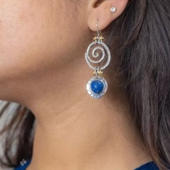Natural Blue Lapis Lazuli Boho Ethnic Antique Silver Dangling Earrings - NWT - Picture 6 of 12